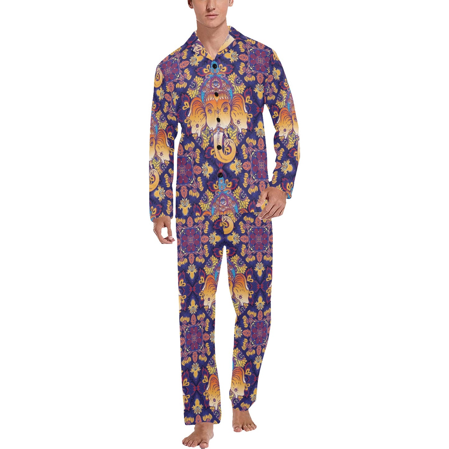 Ganesha Pattern Print Design 01 Men's Long Pajama Set