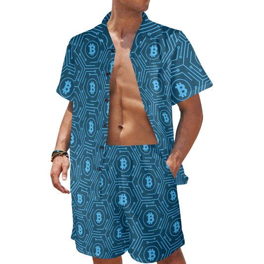 Cryptocurrency Pattern Print Design 04 Men's Beach Shirt and Shorts Set