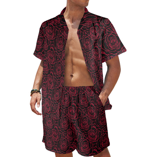 Red Rose Design Print Men's Beach Shirt and Shorts Set