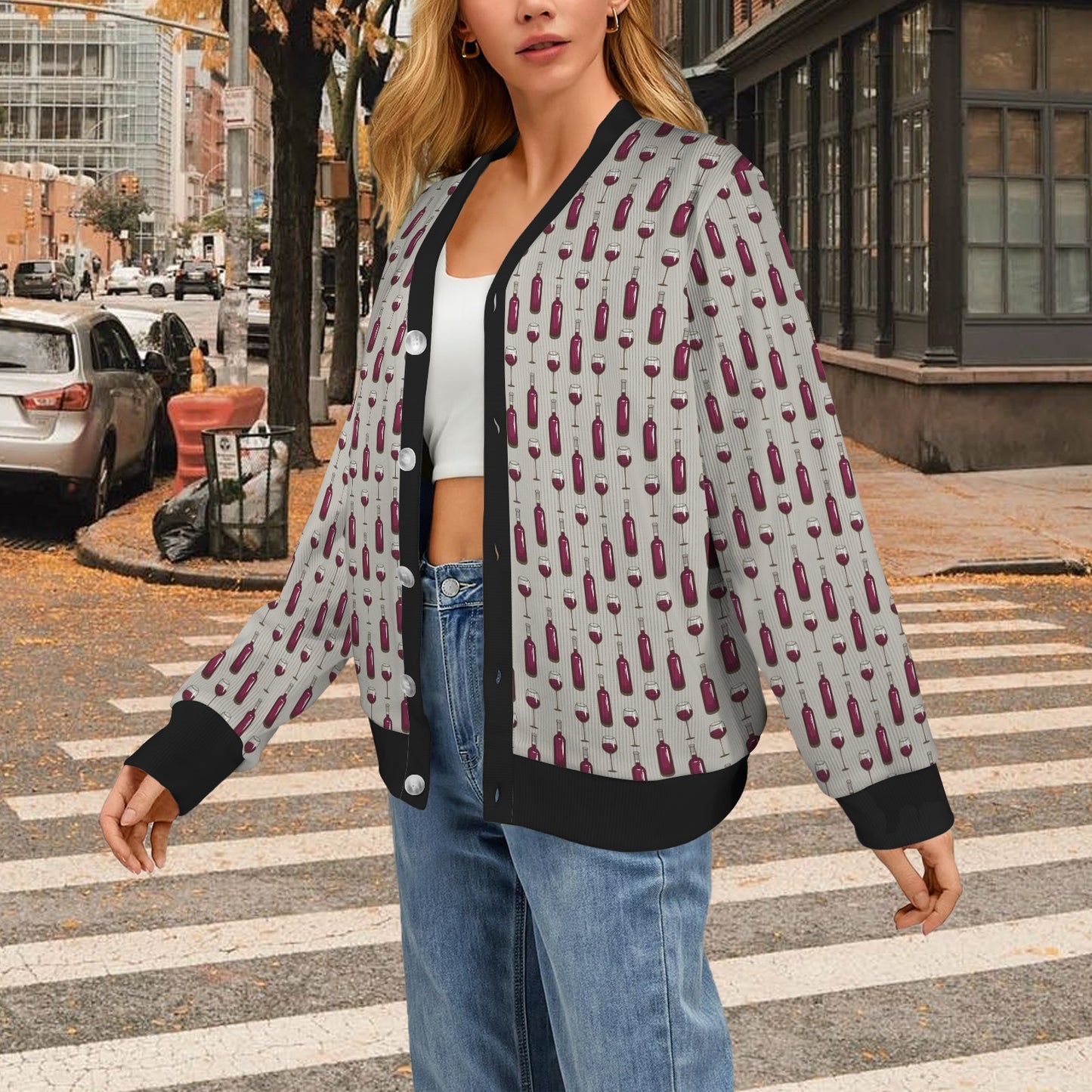 Wine Bottle Pattern Print Women's Cardigan