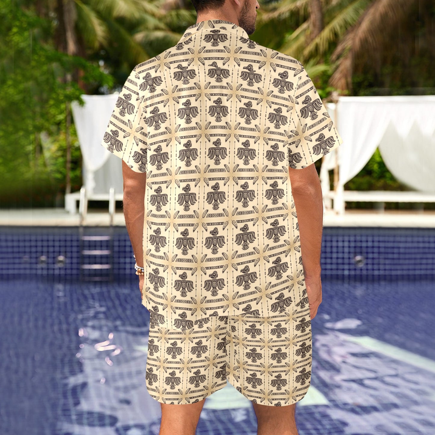 Native American Themed Design Print Men's Beach Shirt and Shorts Set