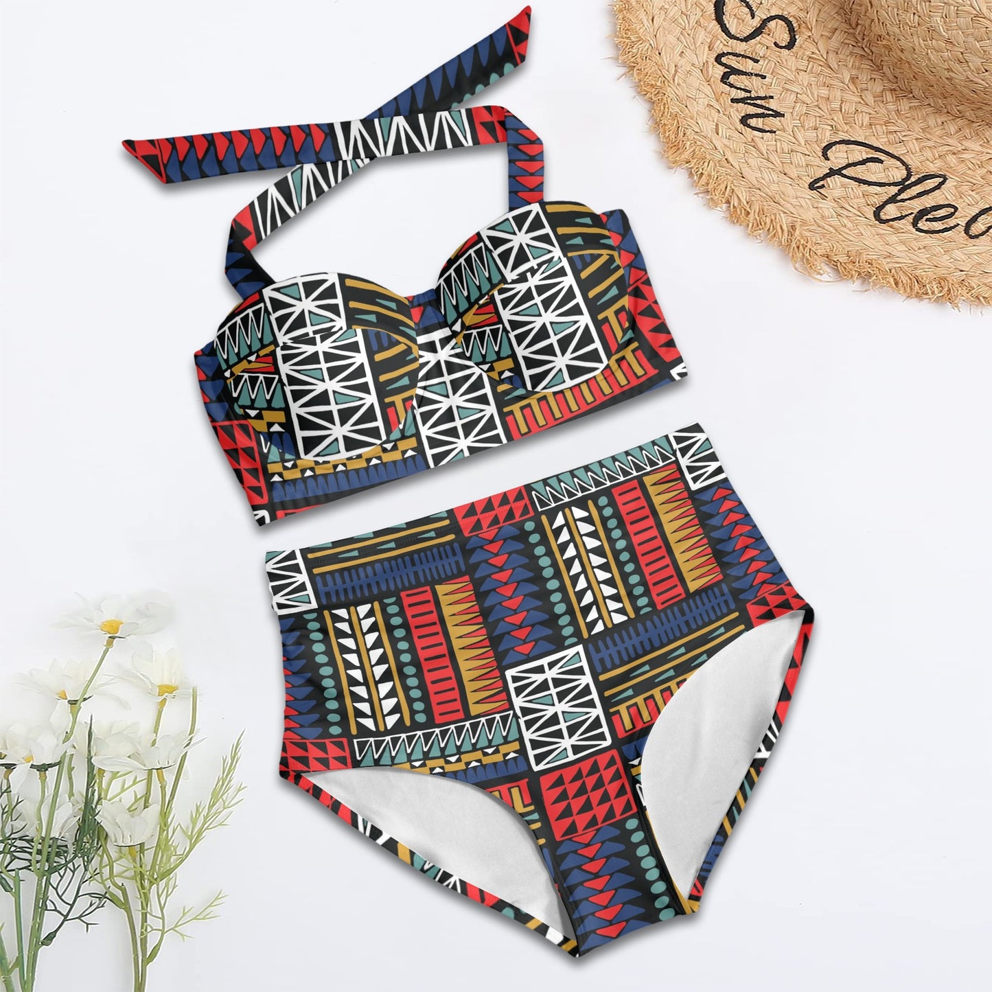 Kente Pattern Print Design 02 Halter Neck Bikini Swimsuit