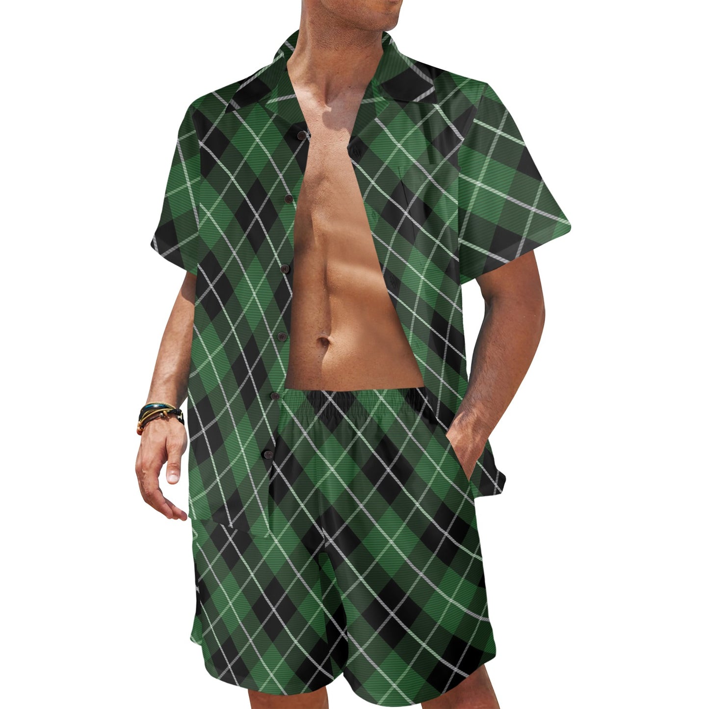 Plaid Green Pattern Print Design A05 Men's Beach Shirt and Shorts Set
