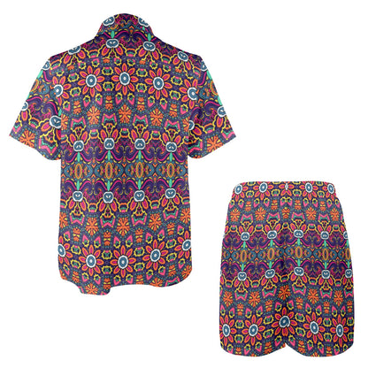 Ethnic Flower Style Print Pattern Men's Beach Shirt and Shorts Set