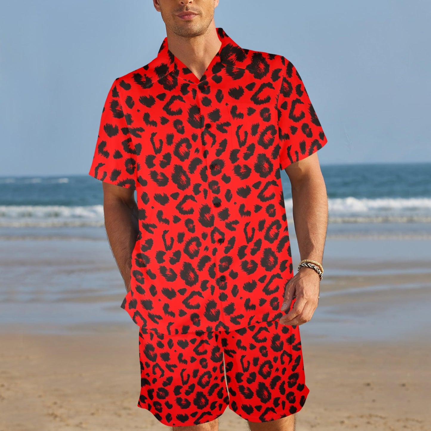 Leopard Red Skin Print Men's Beach Shirt and Shorts Set