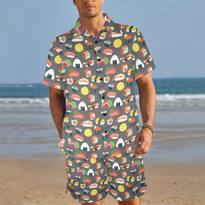 Sushi Pattern Print Men's Beach Shirt and Shorts Set