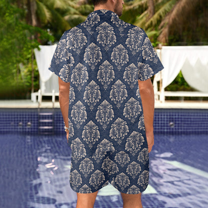 Damask Blue Luxury Print Pattern Men's Beach Shirt and Shorts Set