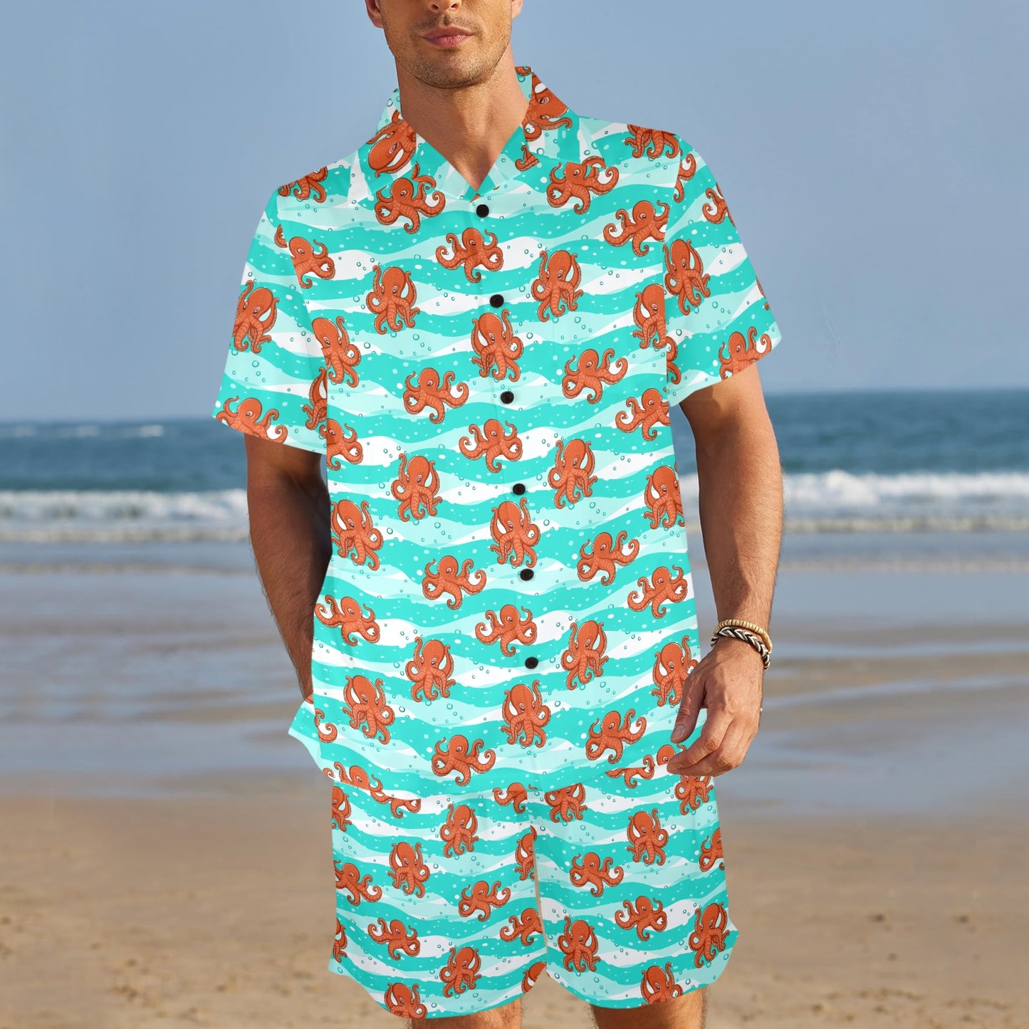 Octopus Cute Design Print Themed Men's Beach Shirt and Shorts Set