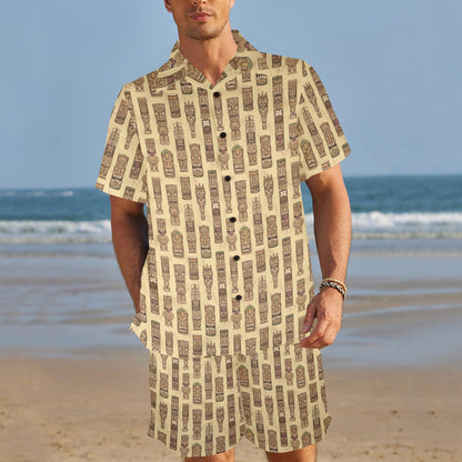 Totem Tiki Style Themed Design Men's Beach Shirt and Shorts Set