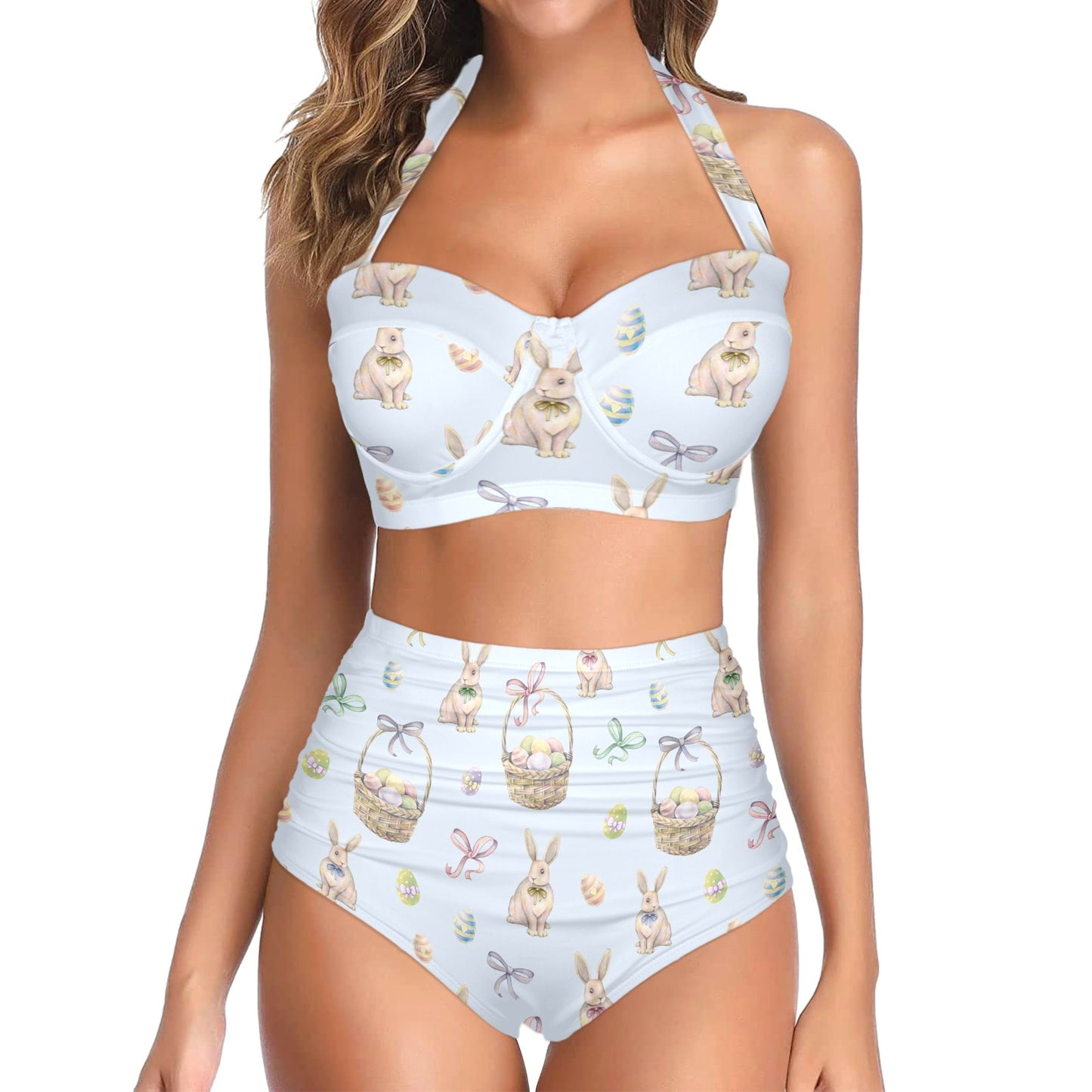Rabbit Easter Eggs Pattern Print Design 03 Halter Neck Bikini Swimsuit