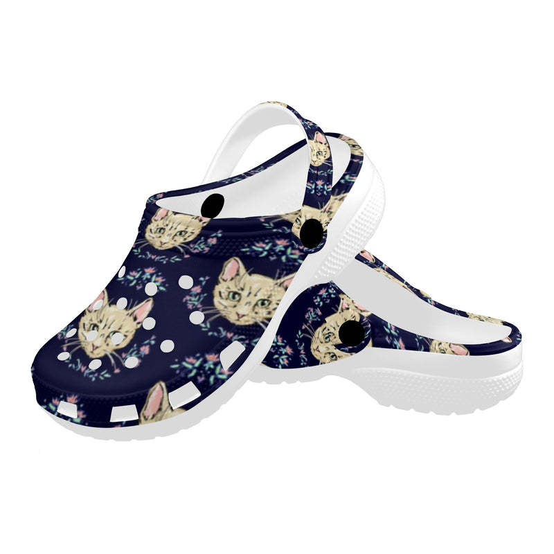 Cat Head with flower Print Pattern Unisex Clogs Shoes