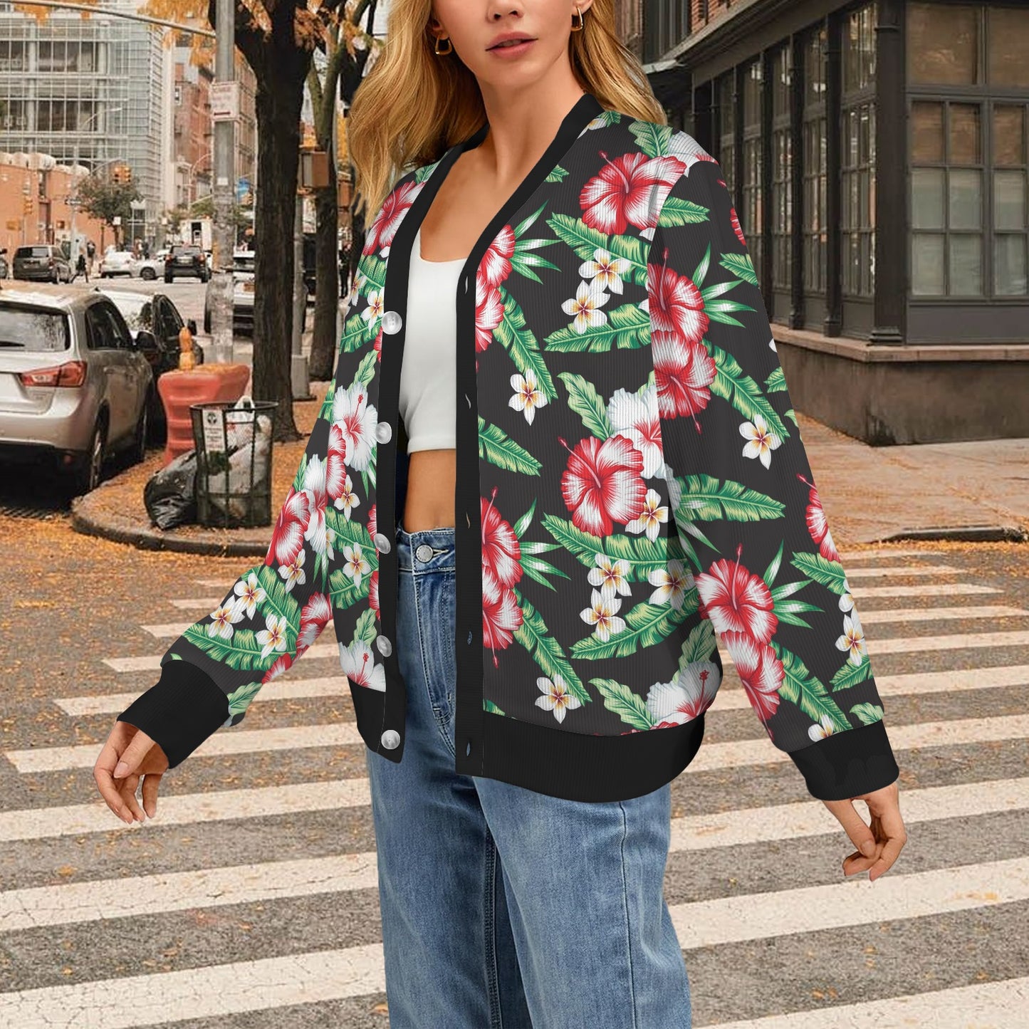 Hawaiian flower tropical leaves Women's Cardigan