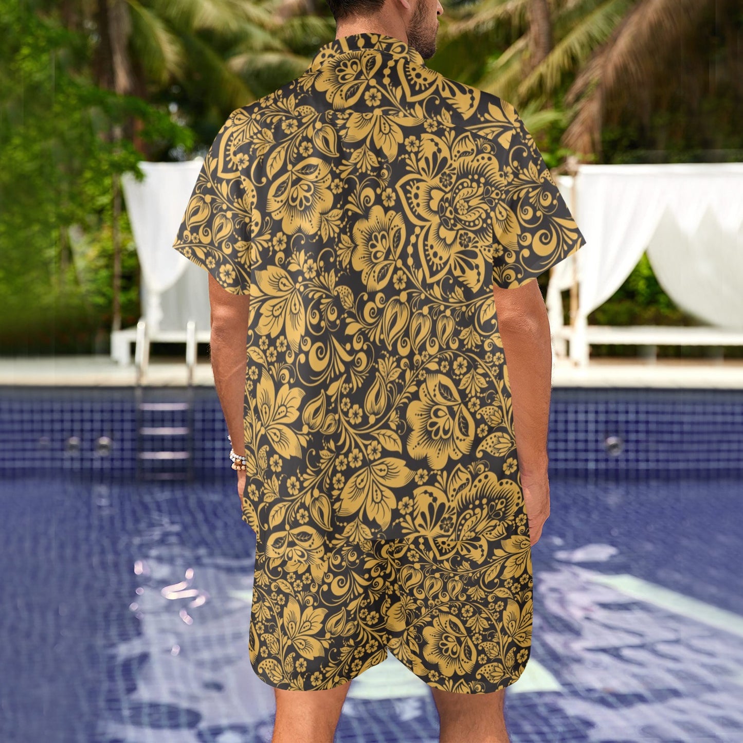 Brocade Gold Pattern Print Design 01 Men's Beach Shirt and Shorts Set