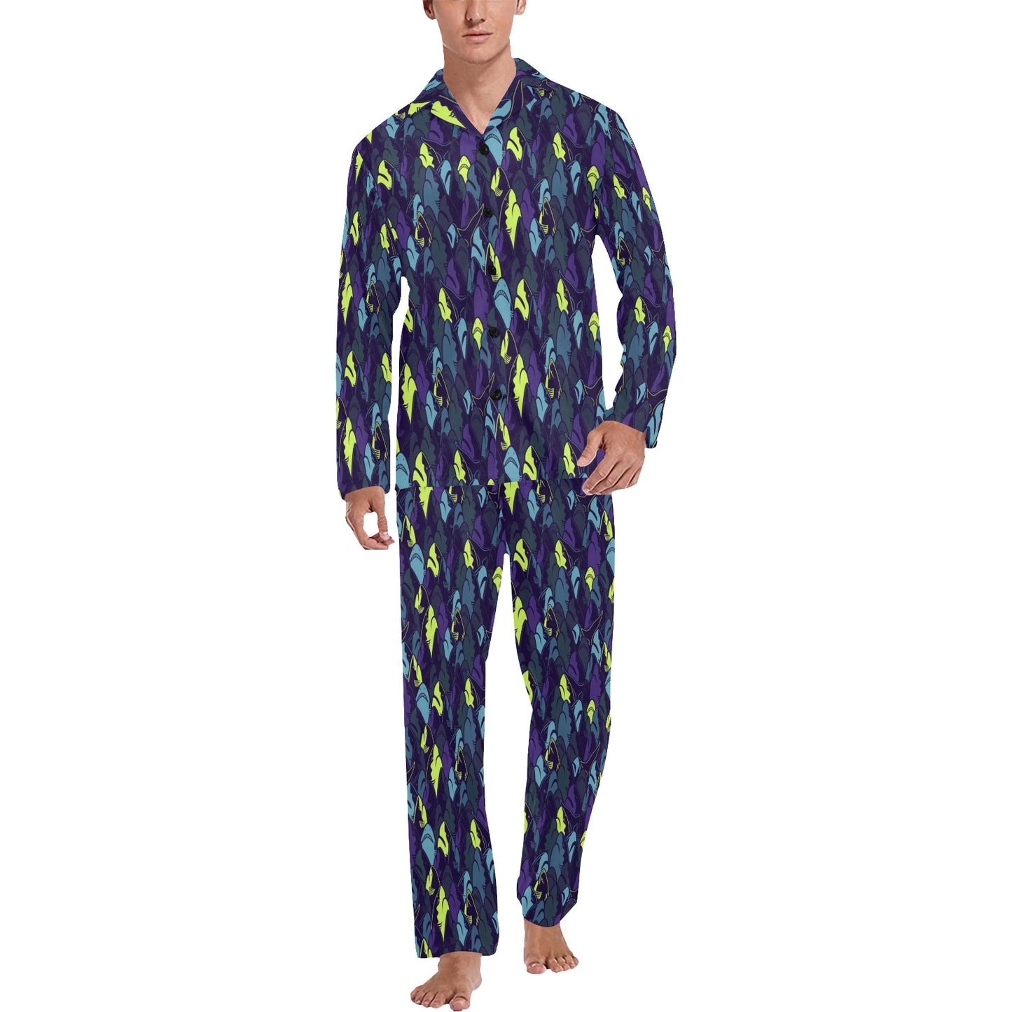 Shark Neon color Print Men's Long Pajama Set