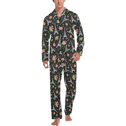 Eiffel Tower Rose Print Men's Long Pajama Set