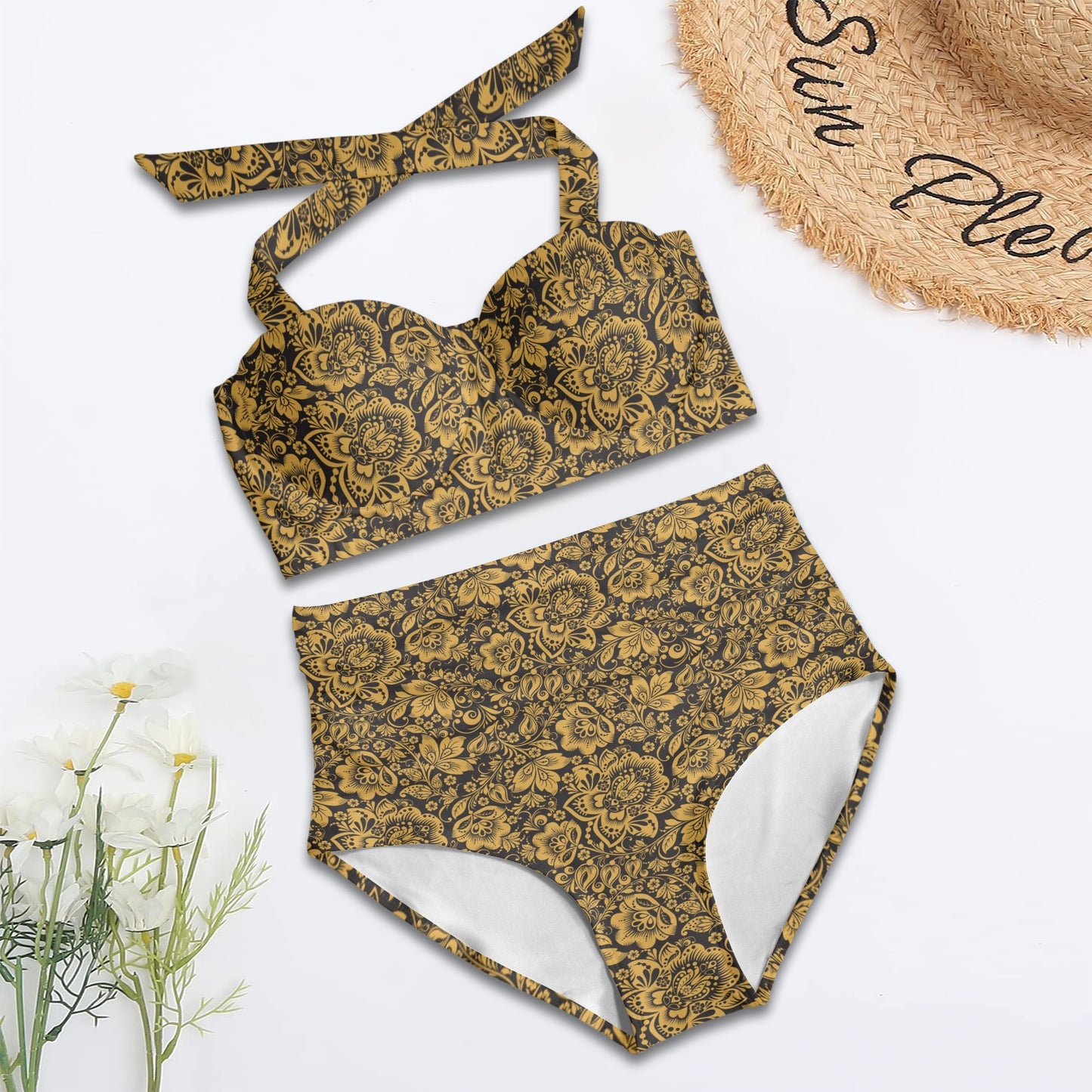 Brocade Gold Pattern Print Design 01 Halter Neck Bikini Swimsuit
