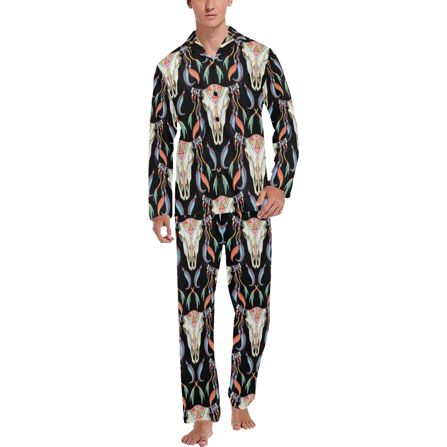 Buffalo Head Boho Style Pattern Print Design 01 Men's Long Pajama Set