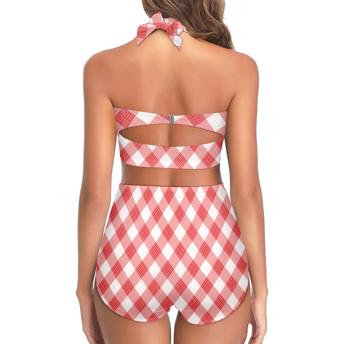 Gingham Red Pattern Print Design 01 Halter Neck Bikini Swimsuit