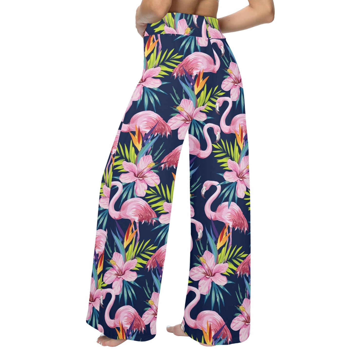 Flamingo Hibiscus Print Women's Wide Leg Lounge Pants