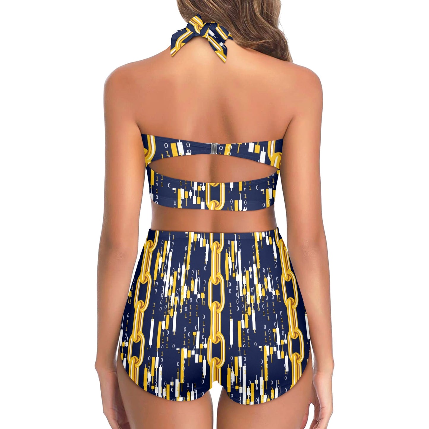 Cryptocurrency Chain Pattern Print Design 03 Halter Neck Bikini Swimsuit