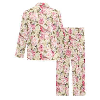 Bird Butterfly Pink Flower Print Pattern Men's Long Pajama Set