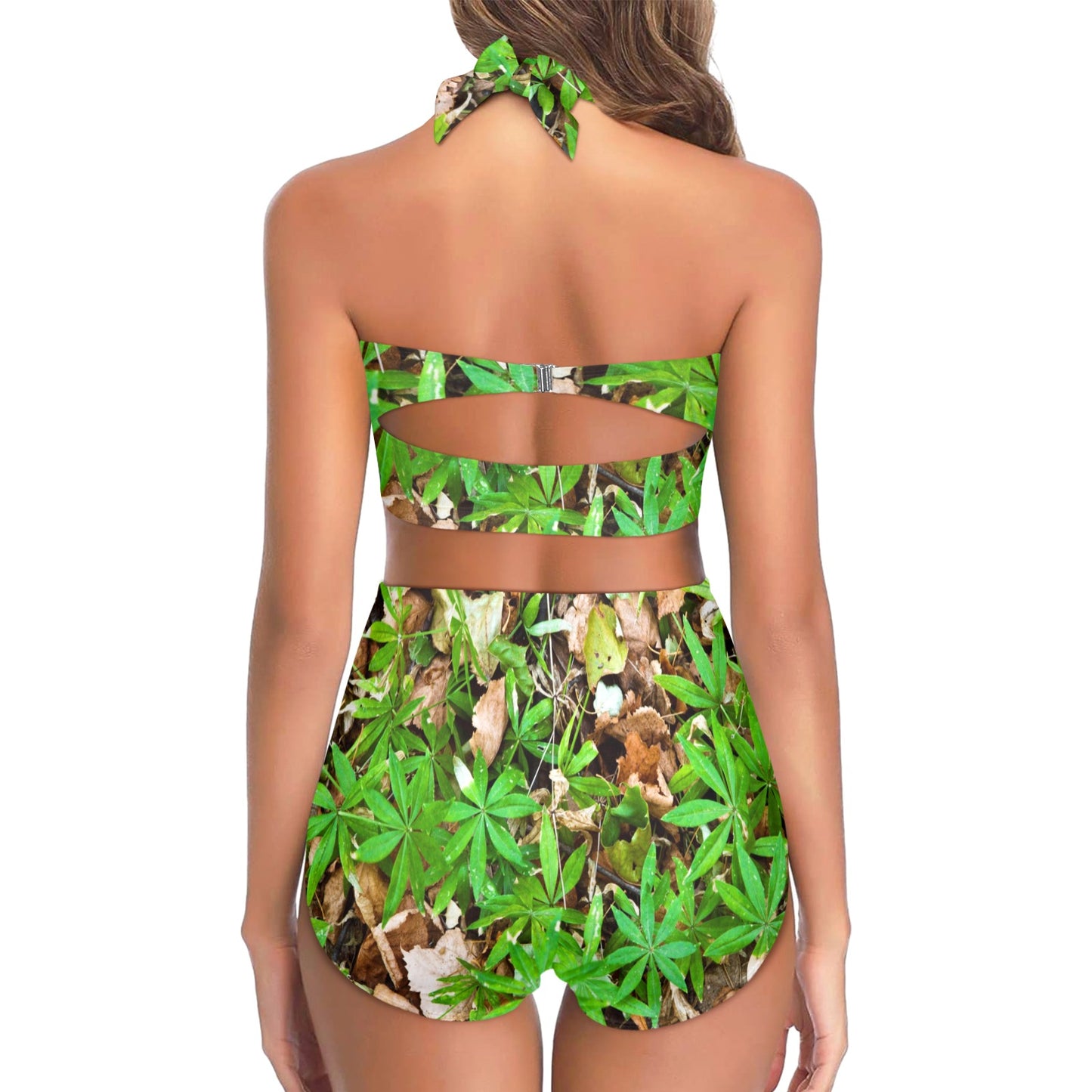 Camouflage Realistic Tree Fresh Print Halter Neck Bikini Swimsuit