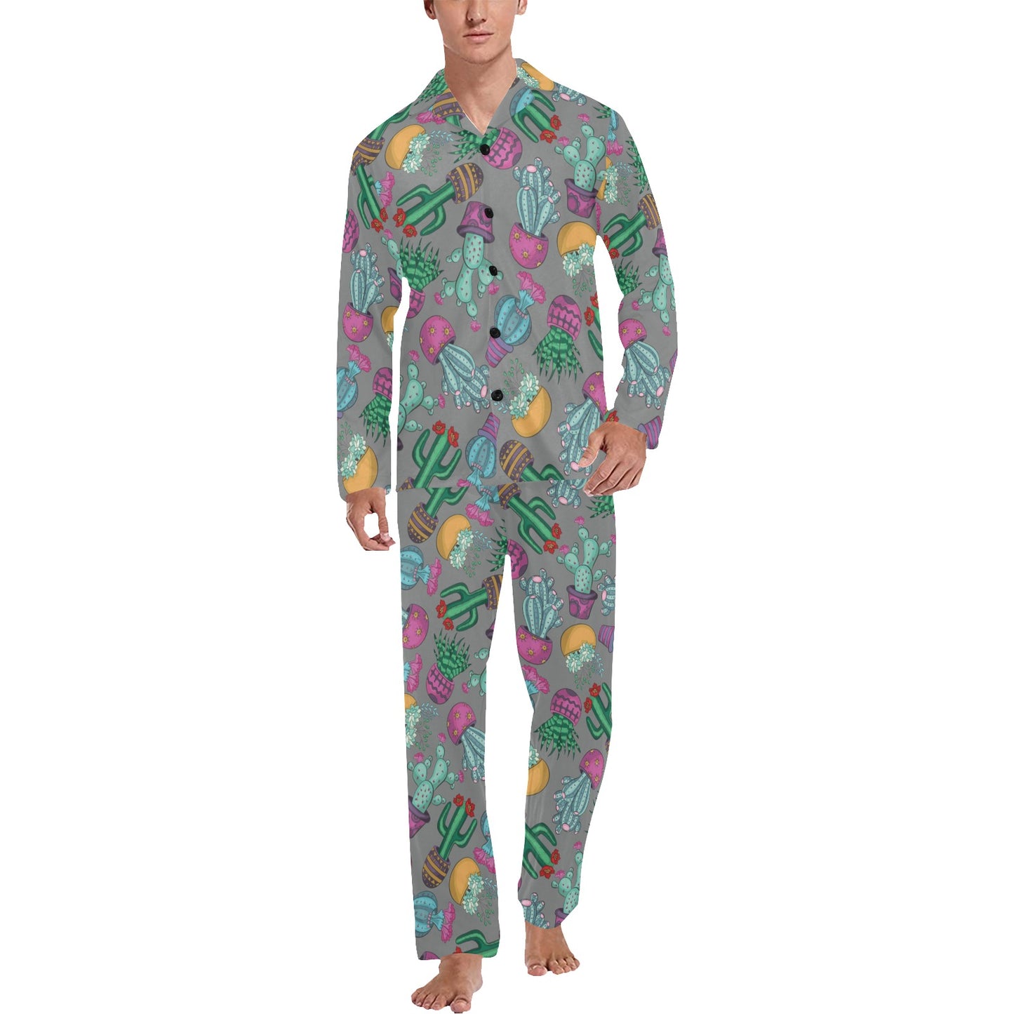 Cactus Colorful Print Pattern Men's Long Pajama Set