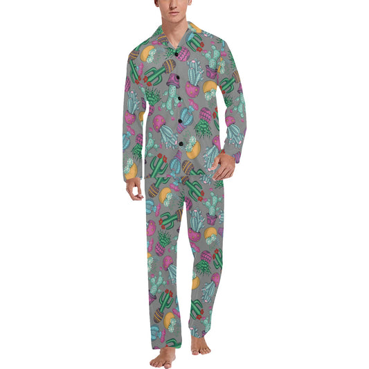 Cactus Colorful Print Pattern Men's Long Pajama Set
