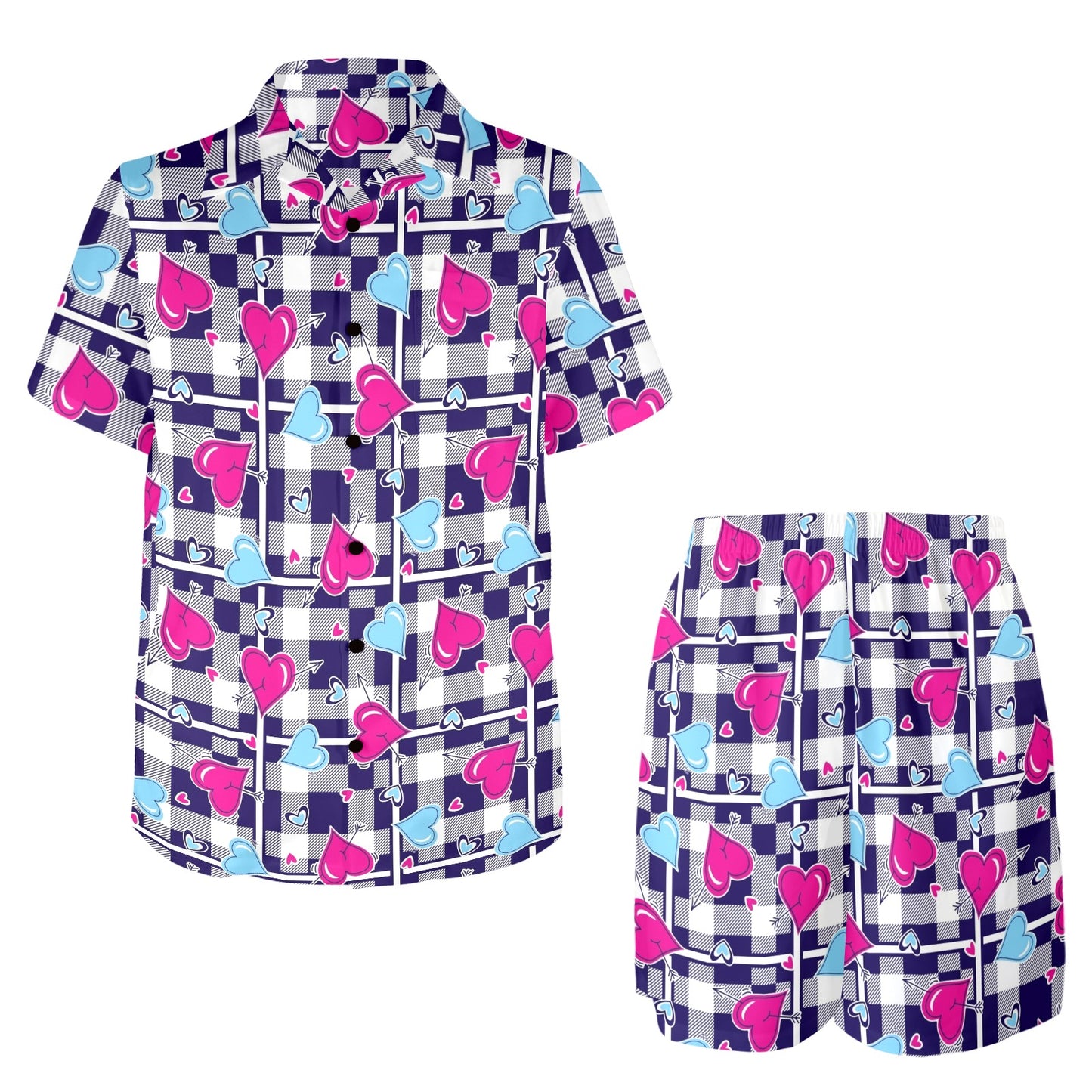 Heart Design Print Pattern JJ0335 Men's Beach Shirt and Shorts Set
