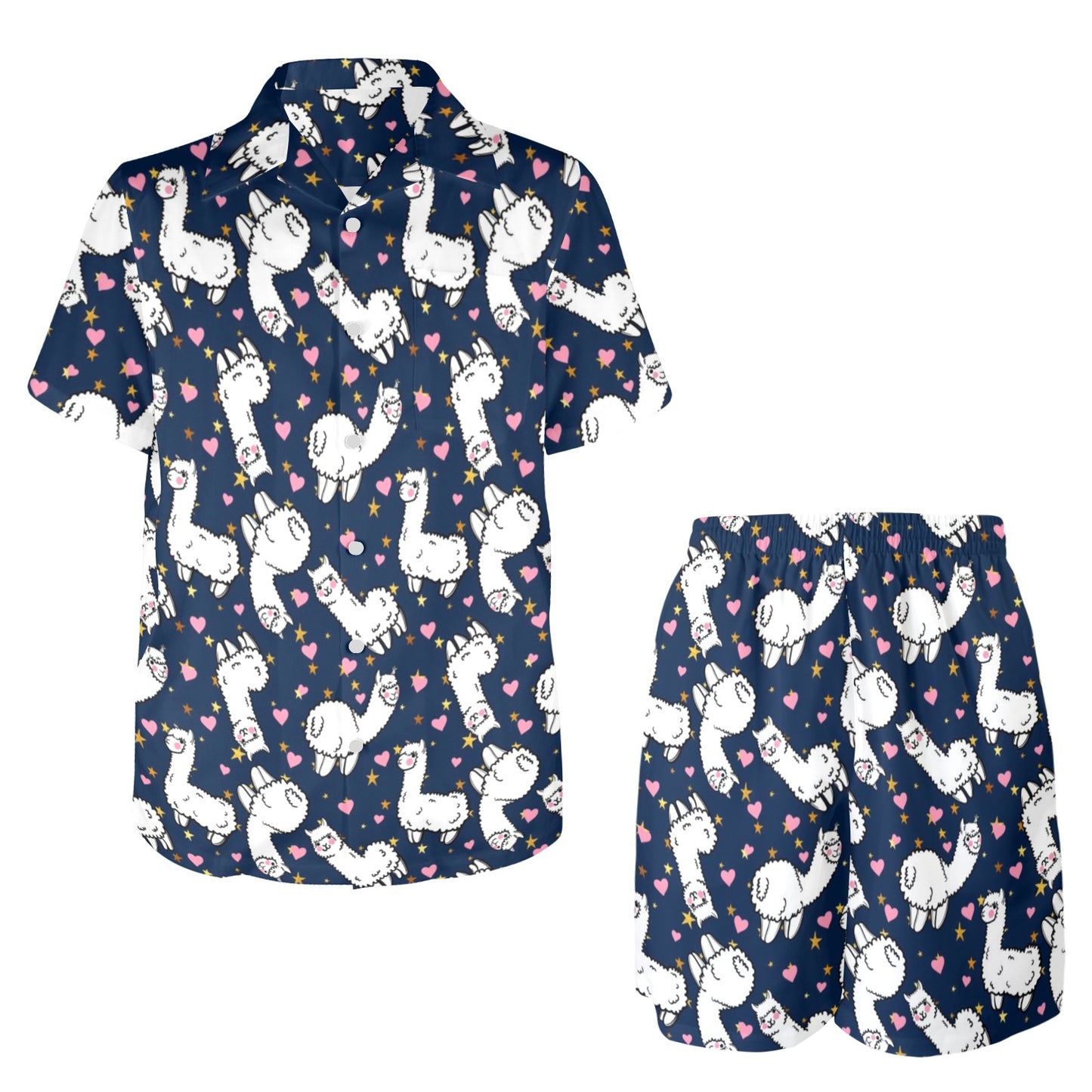 Alpaca Heart Star Design Themed Print Men's Beach Shirt and Shorts Set