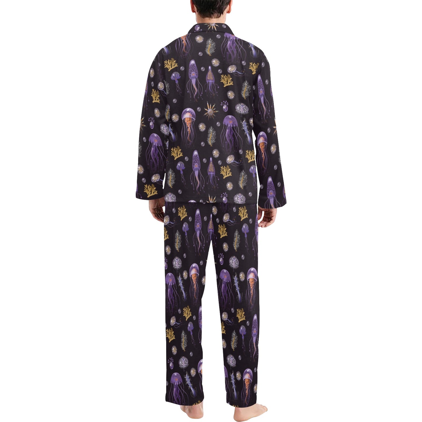 Seaweed With Jelly Fish Print Design LKS305 Men's Long Pajama Set