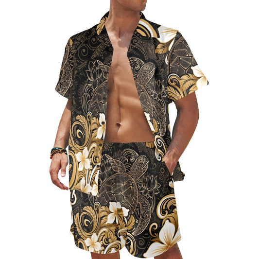 Polynesian Plumeria Sea Turtle Men's Beach Shirt and Shorts Set