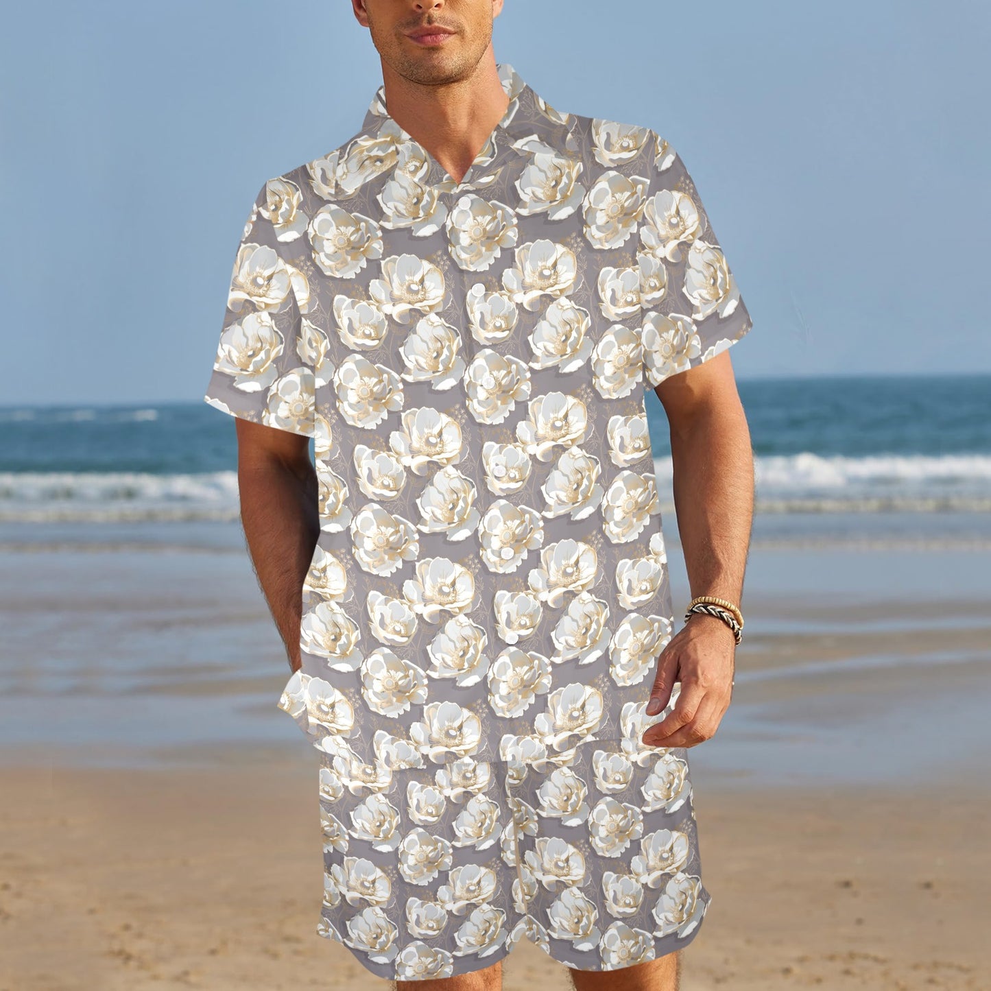Elegant Grey Flower Print Men's Beach Shirt and Shorts Set