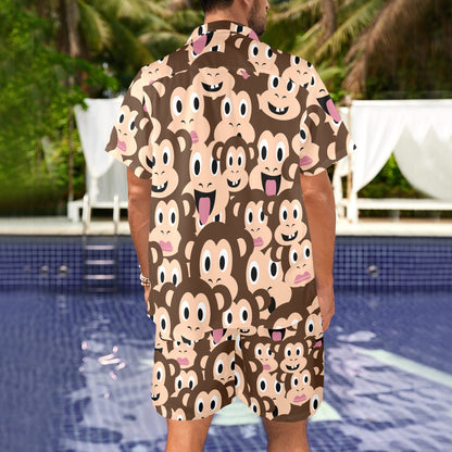 Emoji Monkey Print Pattern Men's Beach Shirt and Shorts Set