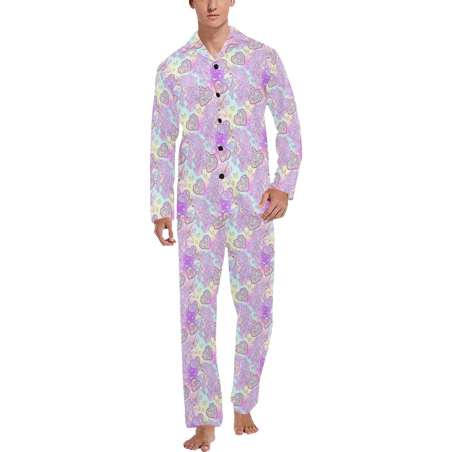 Unicorn Rainbow Star Heart Print Men's Long Pajama Set