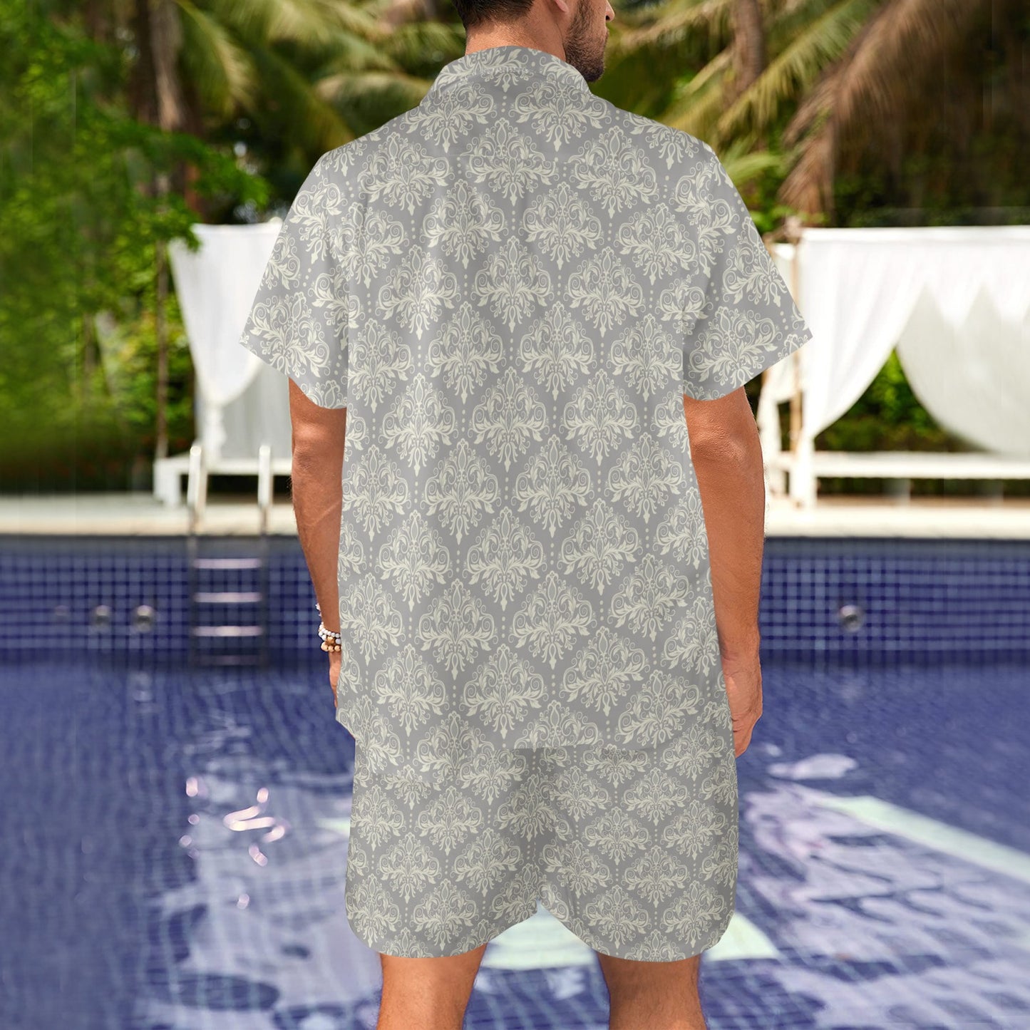 Damask Grey Elegant Print Pattern Men's Beach Shirt and Shorts Set