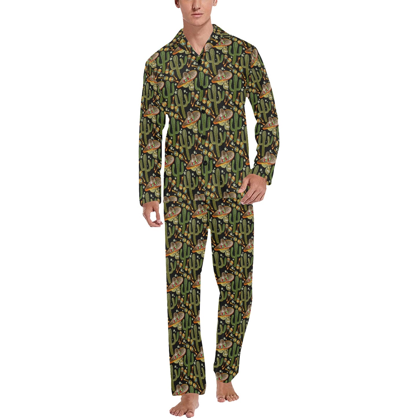 Western Style Print Men's Long Pajama Set