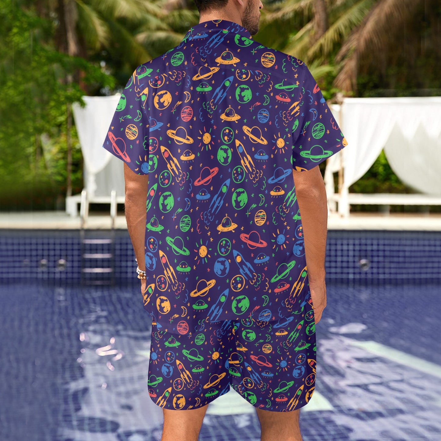 UFO Space Rocket Print Design LKS302 Men's Beach Shirt and Shorts Set