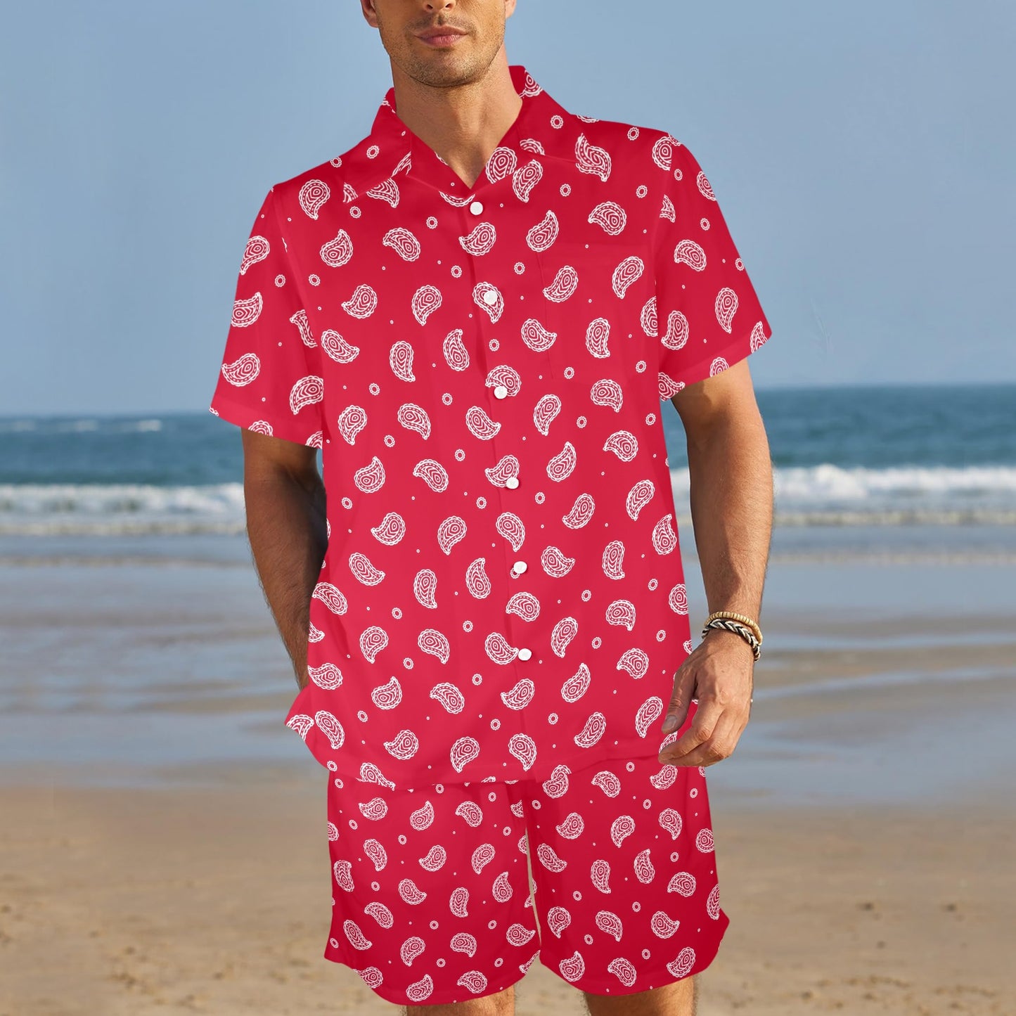 Bandana Red Paisley Print Design LKS305 Men's Beach Shirt and Shorts Set