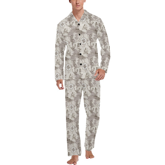 Nautical Map Design Themed Print Men's Long Pajama Set