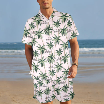 Aloha Beach Pattern Design Themed Print Men's Beach Shirt and Shorts Set