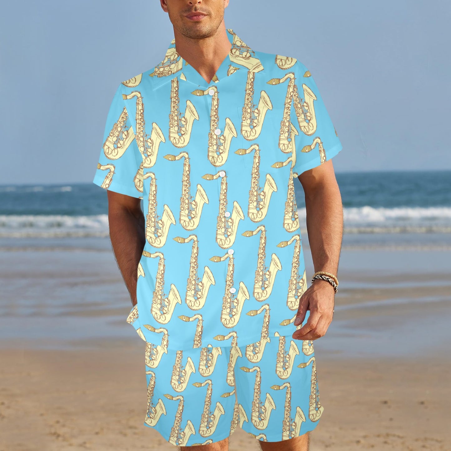 Saxophone Pattern Print Design 03 Men's Beach Shirt and Shorts Set