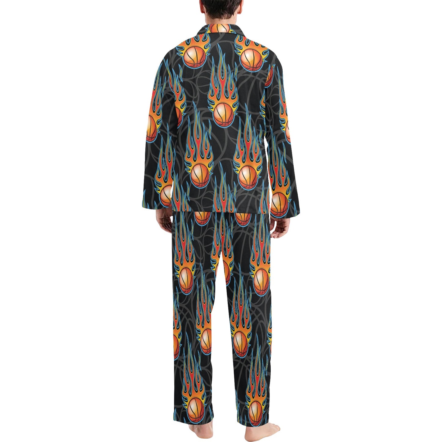Basketball Fire Print Pattern Men's Long Pajama Set