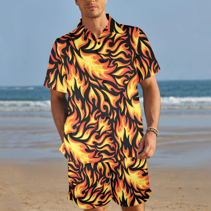 Flame Fire Design Pattern Men's Beach Shirt and Shorts Set