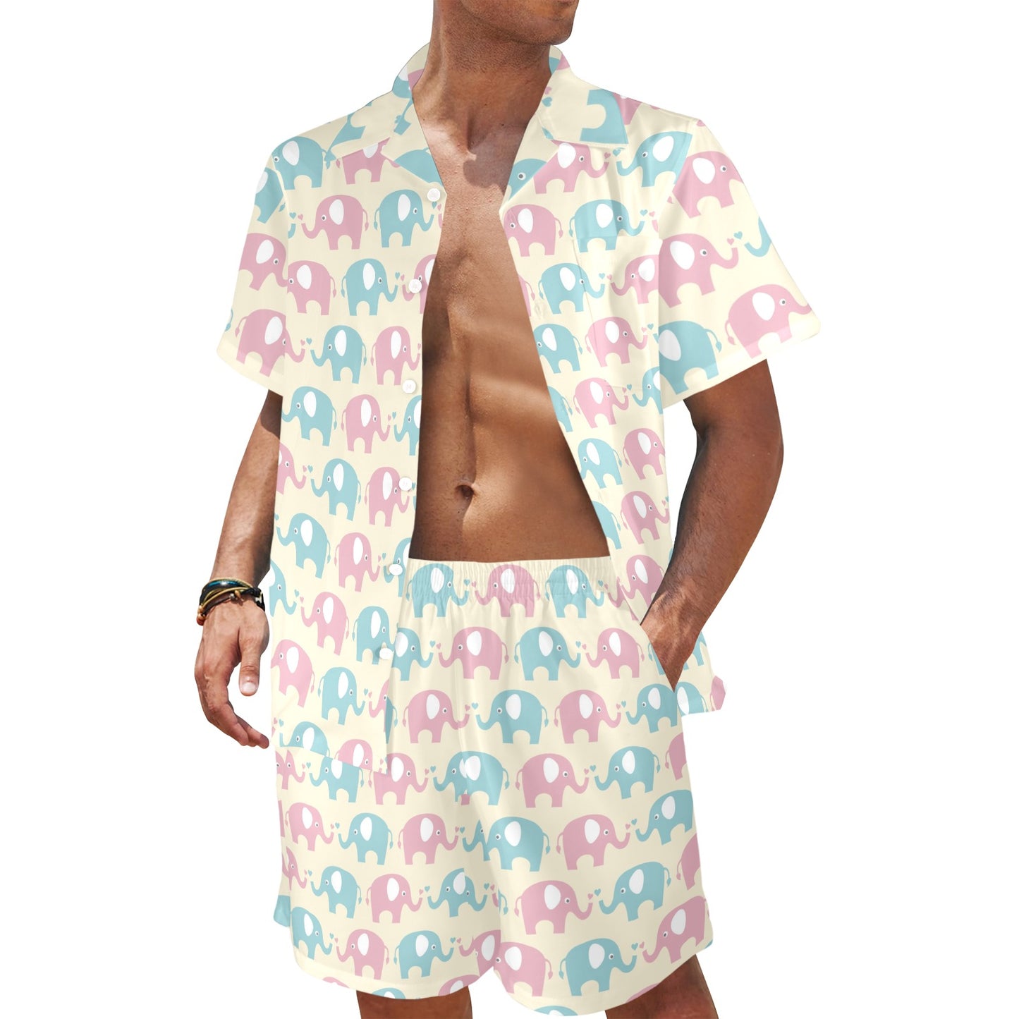 Elephant Baby Pastel Print Pattern Men's Beach Shirt and Shorts Set