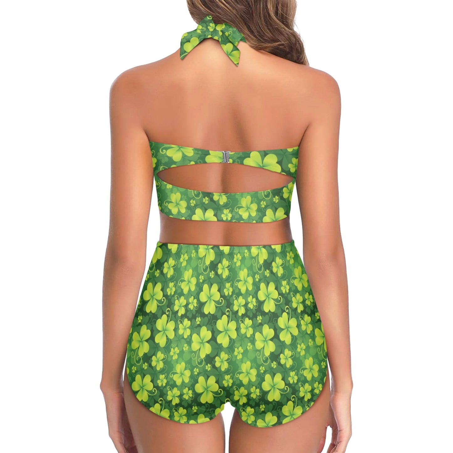 Shamrock Clover Print Halter Neck Bikini Swimsuit