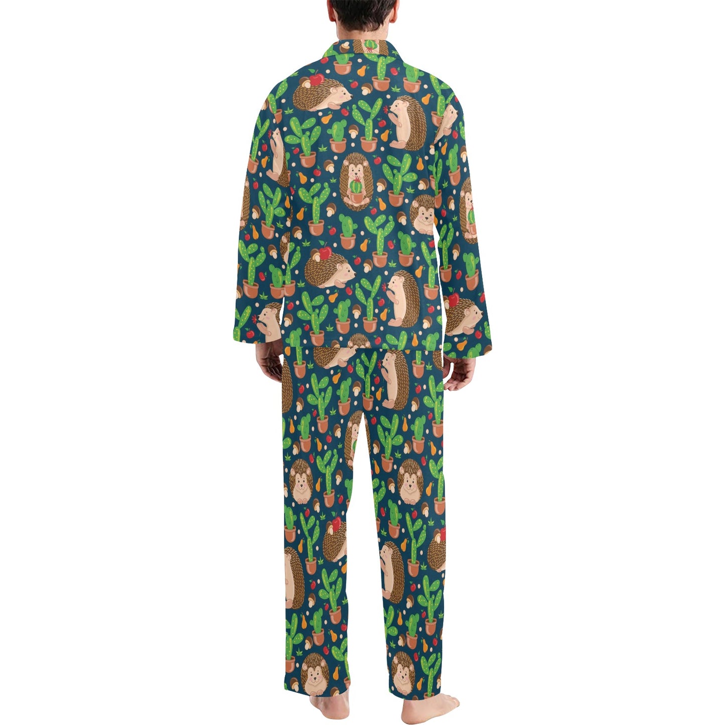 Hedgehog Cactus Pattern Print Design 04 Men's Long Pajama Set