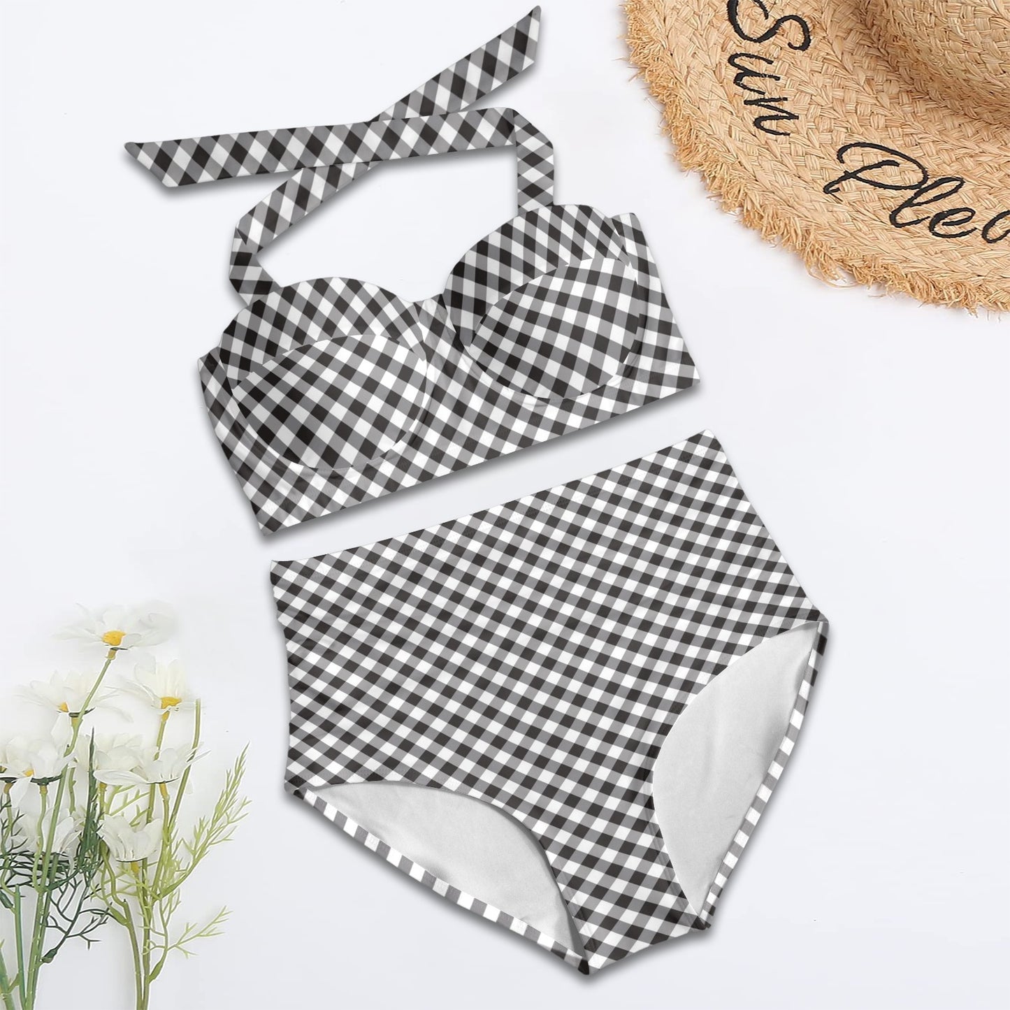 Gingham Print Design LKS402 Halter Neck Bikini Swimsuit