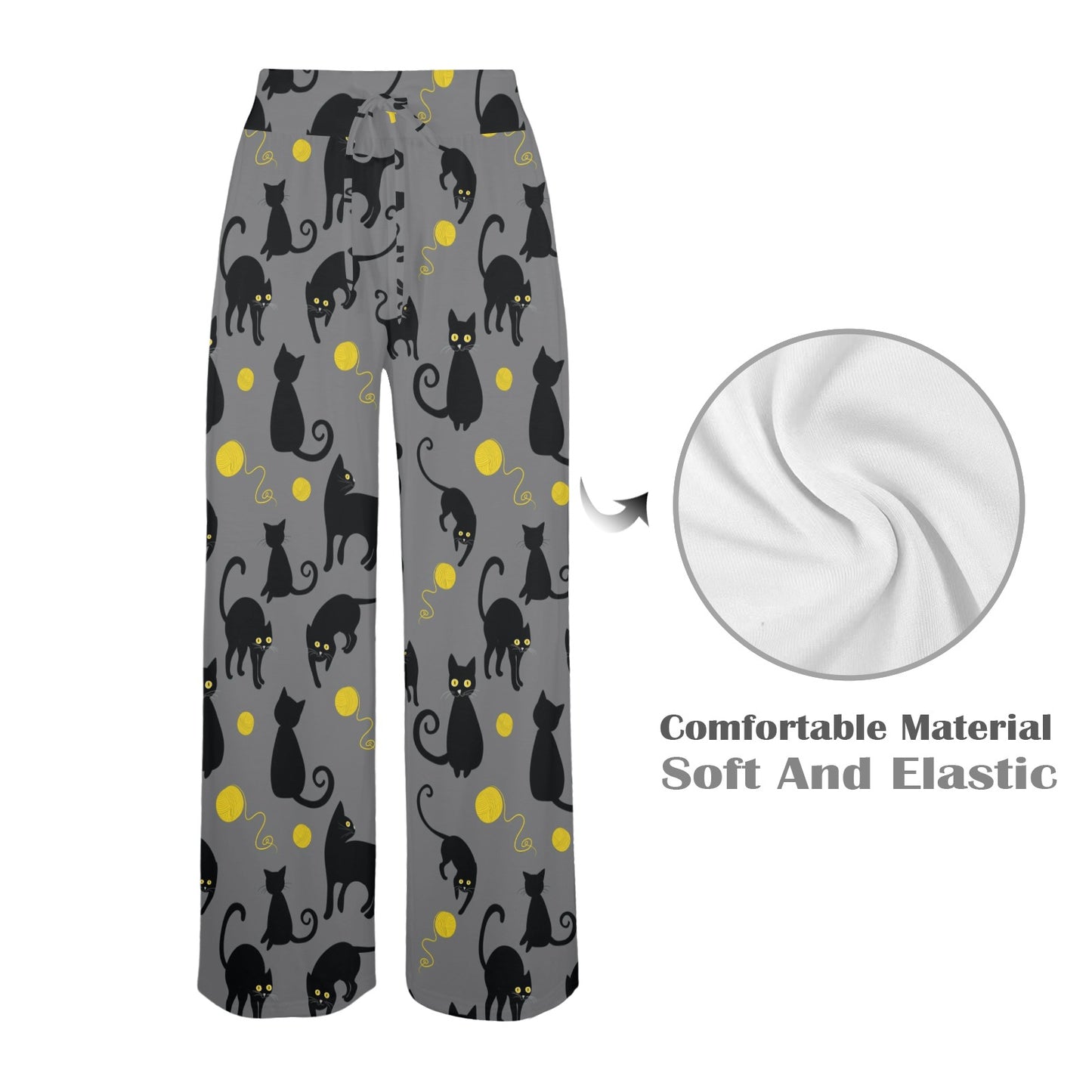 Black Cat Yellow Yarn Print Pattern Women's Wide Leg Lounge Pants