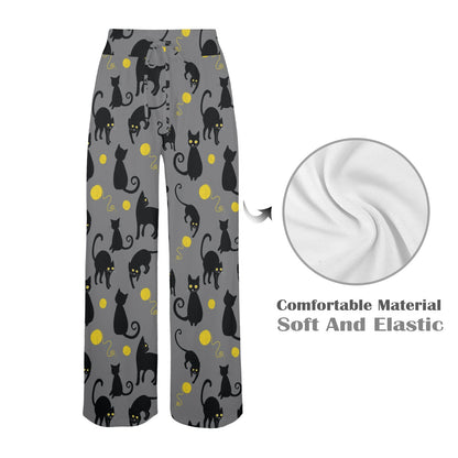 Black Cat Yellow Yarn Print Pattern Women's Wide Leg Lounge Pants
